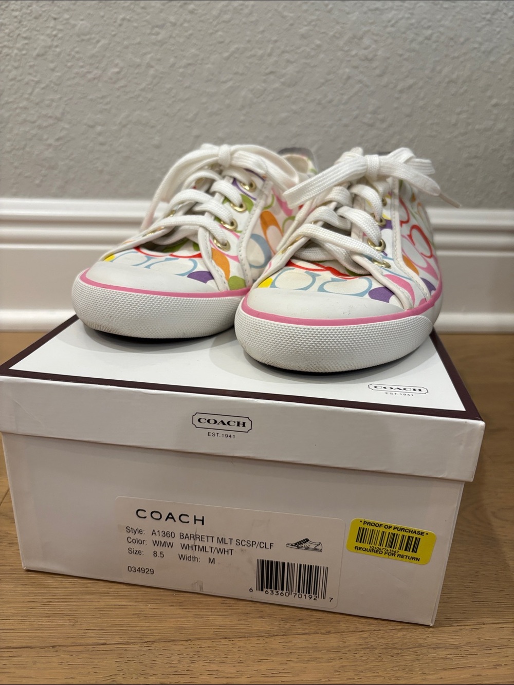 Coach White Sneakers with Pink, Yellow, Blue & Green Signature Print